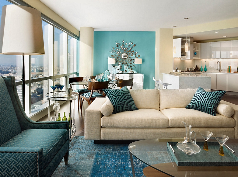 Multiple shades of teal and an accent wall that borders on auqa!