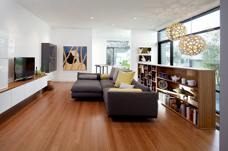 Multiple use of coral pendants to light up the stairway and the top level