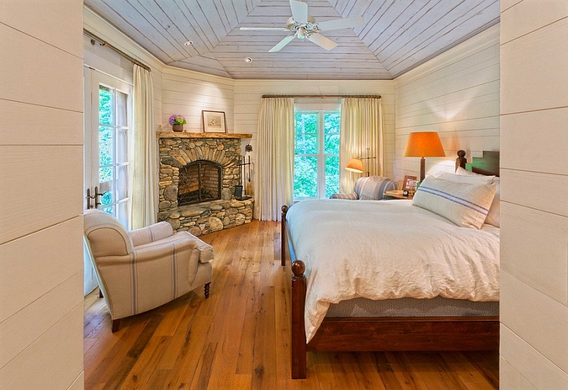 One corner in the bedroom is transformed into a reading nook while the other holds the fireplace!