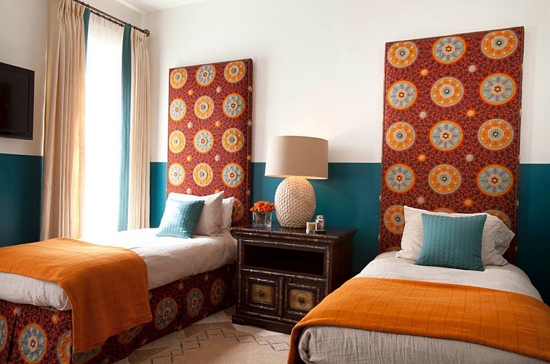 Plush headboards in the bedroom add chic Moroccan patterns