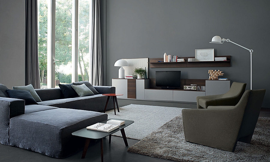 Plush sectional sofa and ergonomic wall unit shape this elegant living room