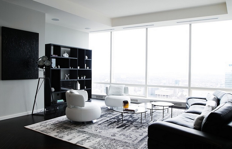 Posh black and white living room with plenty of natural ventilation