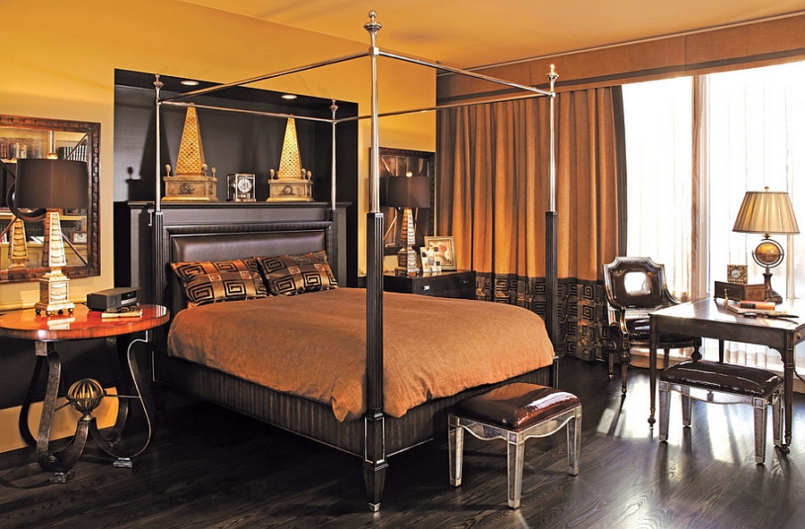 Rich textures, color and lighting paint a picture of opulence in this masculine bedroom