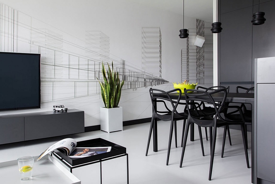 Sculptural dining table chairs offer geometric contrast to the simple, straight lines that surround them