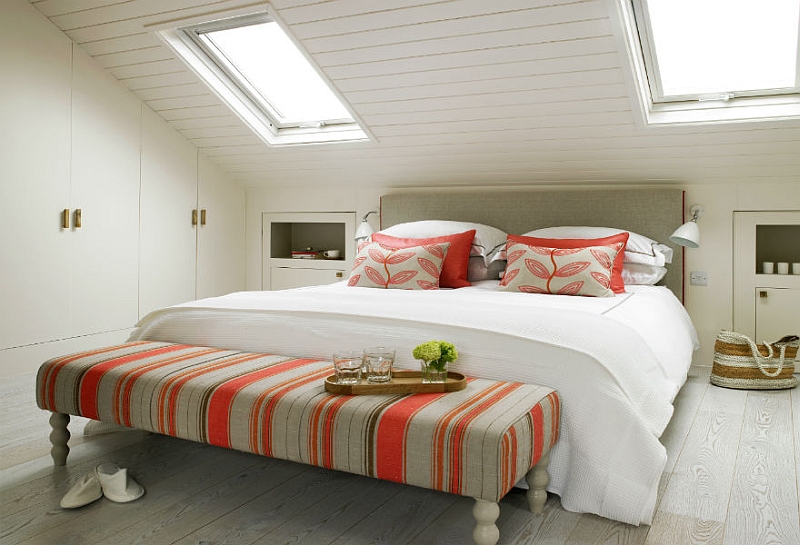 Skylights usher in ample ventilation while highlighting the slanted ceiling