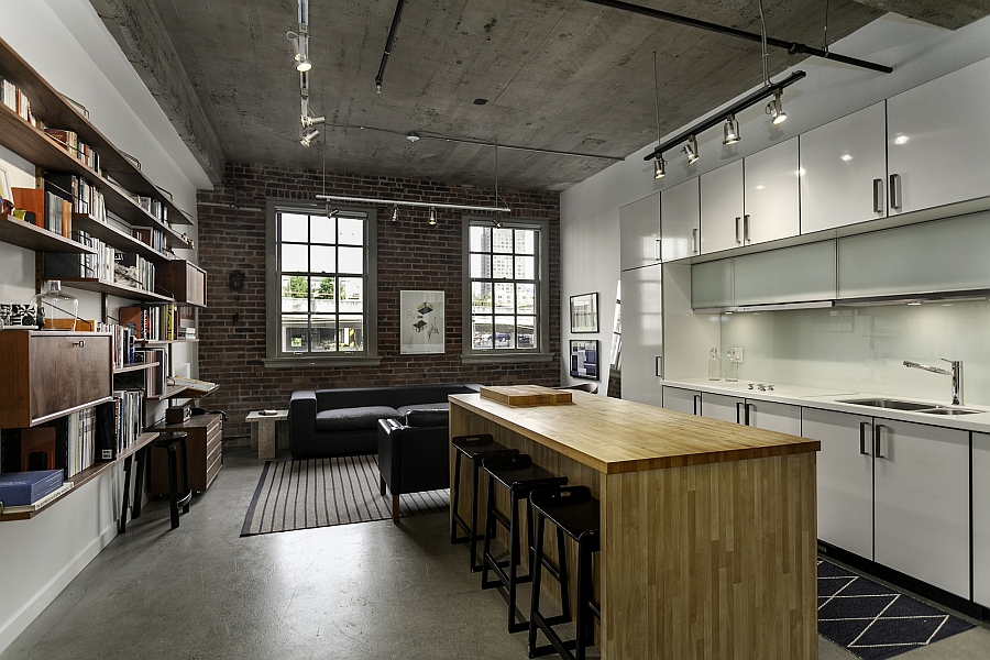 Small and elegant living space and kitchen of the renovated Vancouver Loft