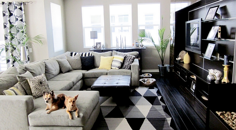 Small black and white living room with a plush couch at its heart