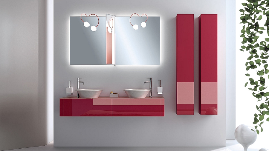 Smart red accents for the modern bathroom in neutral hues