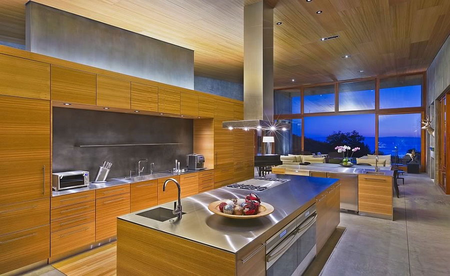 Spacious kitchen with twin islands and stainless steel countertops