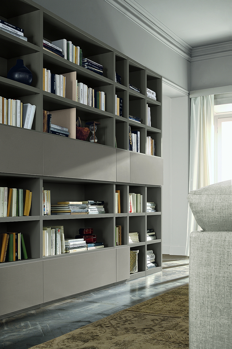 Striking modular living room unit with ample storage space for books