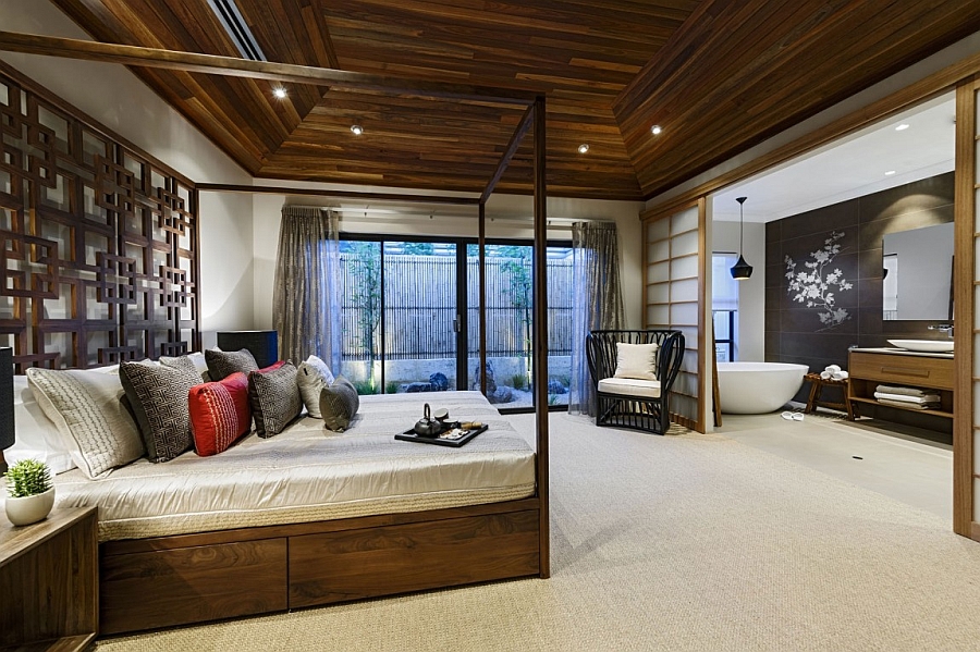 Stunning Japanese-inspired master suite with four-poster bed and a bath