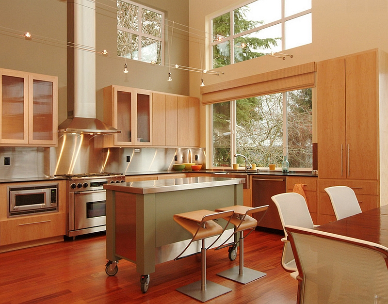 Stylish kitchen island on wheels adds to the chic elegance of this Seattle kitchen