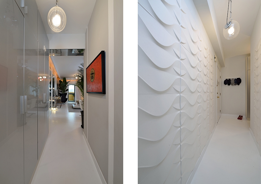 Textured 3D boards with a wave pattern at the entrance add contrast to the sleek home