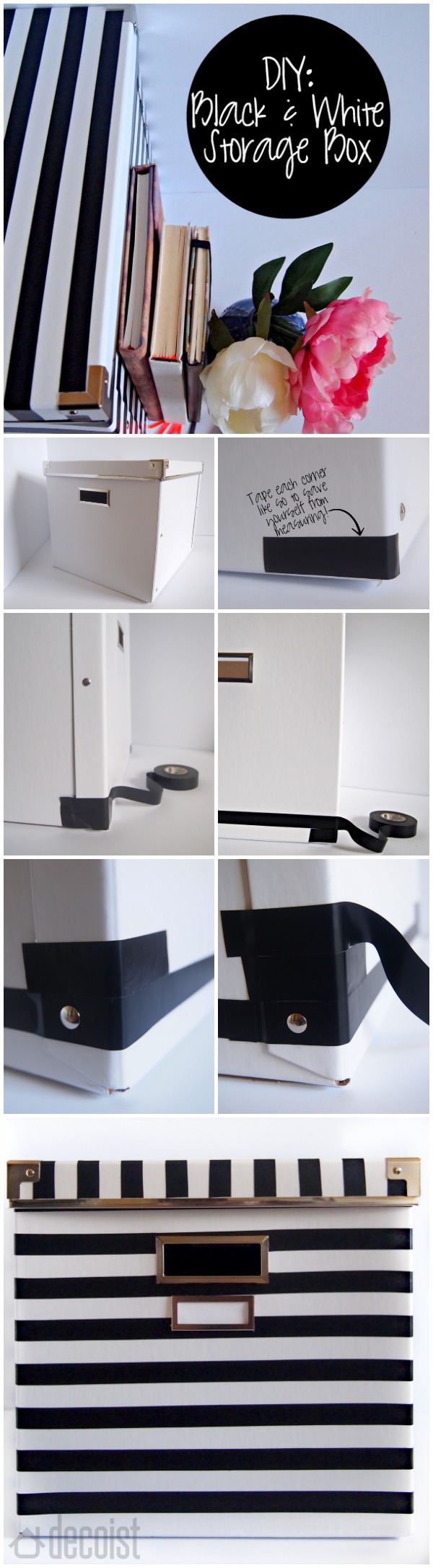 Transforming an ordinary box into a black and white storage unit using tape