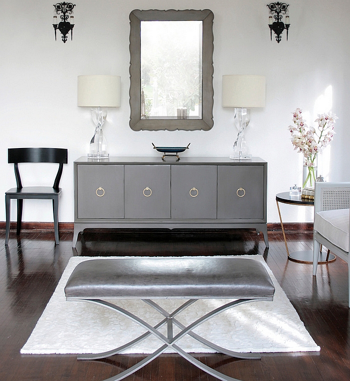 Transitional living room in black and white with a hint of gold and silver