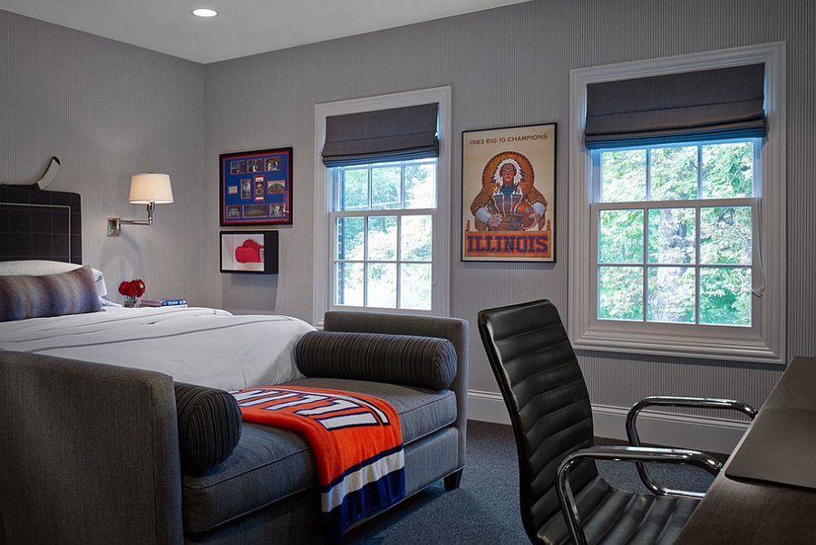 Transitional masculine bedroom showcases a plush way to decorate the foot of the bed