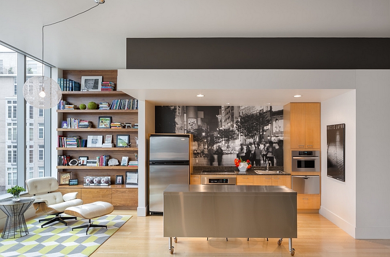 Trendy kitchen with a rolling island that serves beyond the obvious