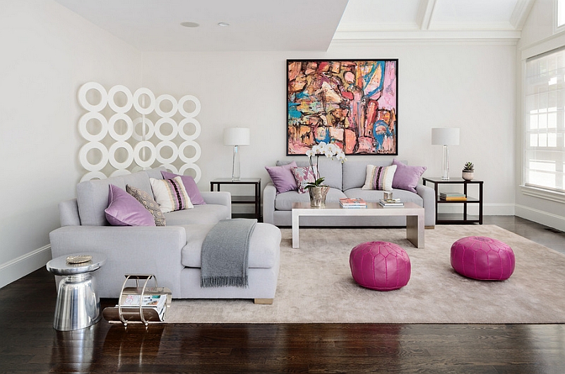 Trendy use of the Moroccan Poufs along with the Martini side table in the living room