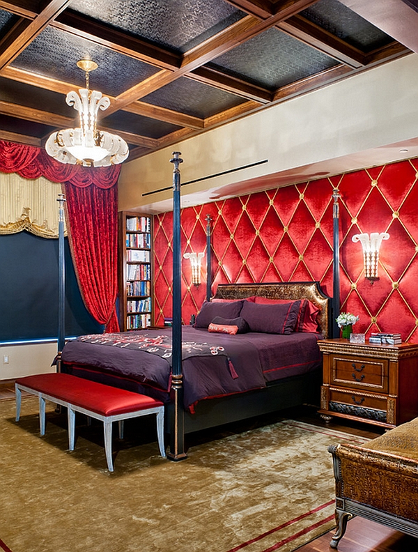 Tufted wall behind the bed and luxurious fabric enhance the style of this bedroom