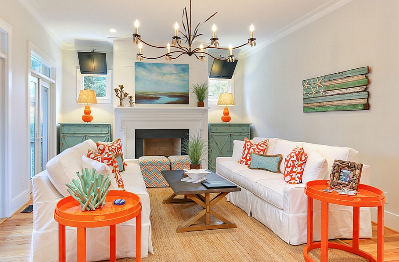 Two trendy colors - Bright coral and light teal in the living room