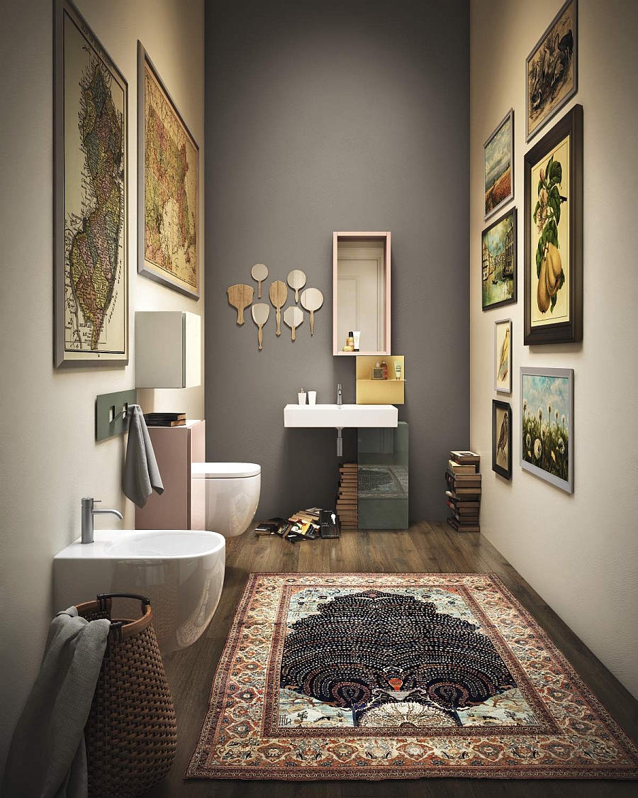 Use modular units to uhser in a bit of color in the bathroom along with storage