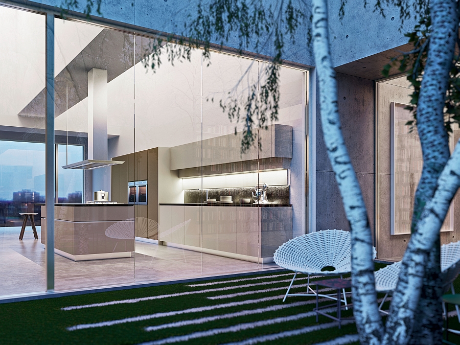 View of the trendy modern kitchen from the indoor courtyard