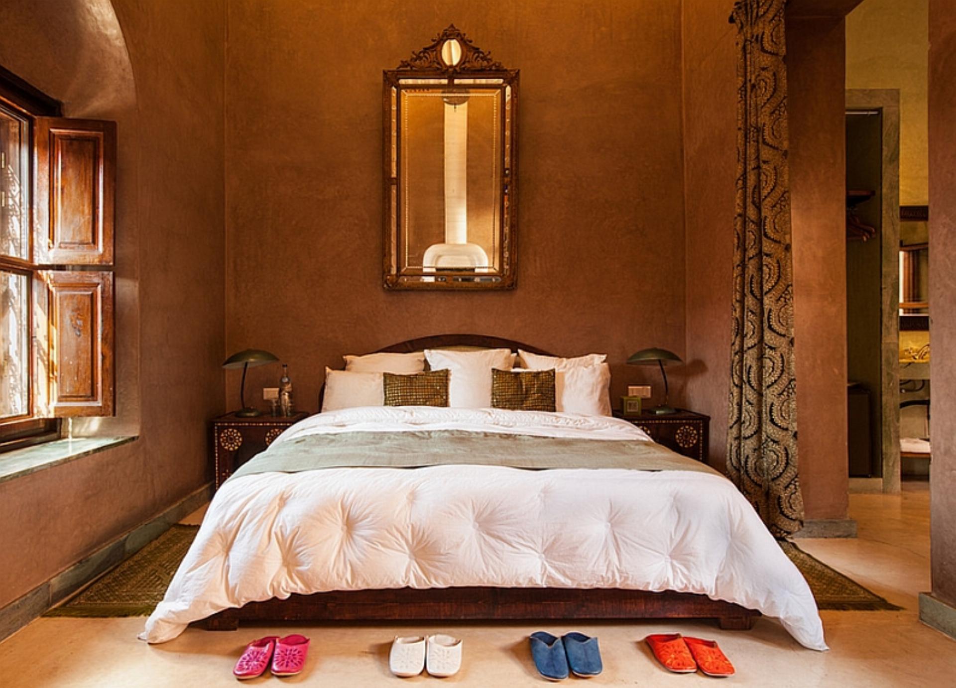 Bedroom decorated in a Moroccan style.
