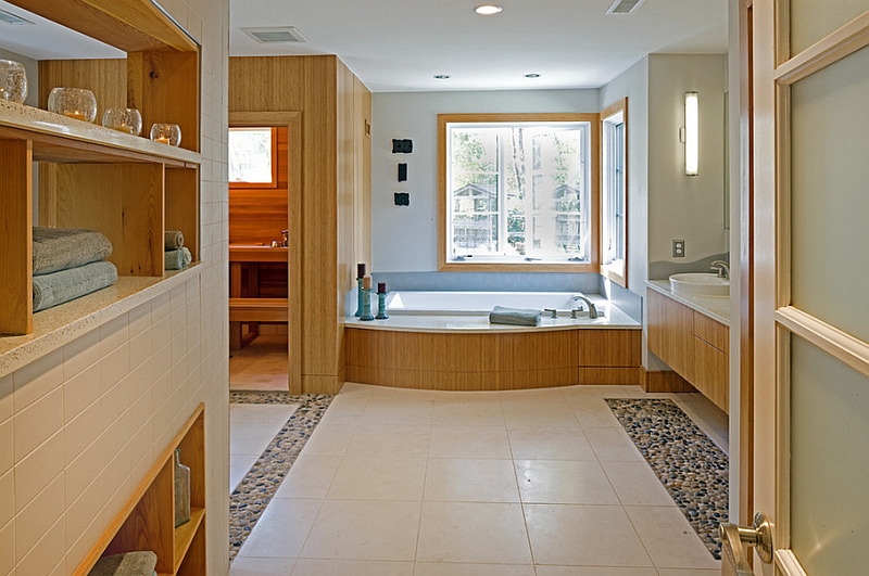 Wood gives a sense of inviting warmth to the contemporary bathroom