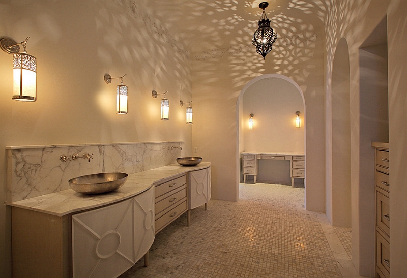 A blend of Spanish revival and Moroccan styles in the luxurious master bathroom