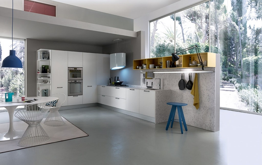 An open kitchen layout with trendy wall-mounted cabinets