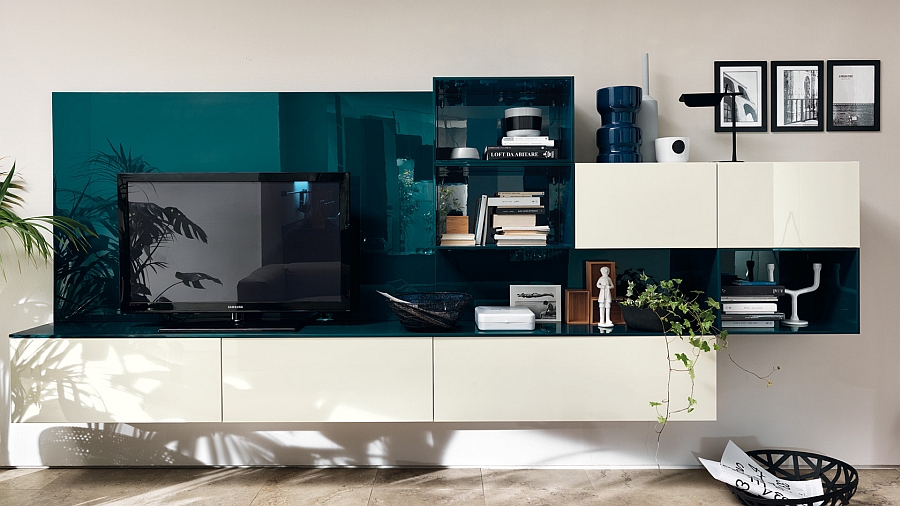 Beautiful Baltic Blue brings colorful zest to the living room wall unit