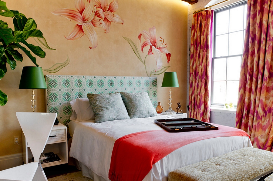 Bright colors and natural greenery enliven this trendy bedroom