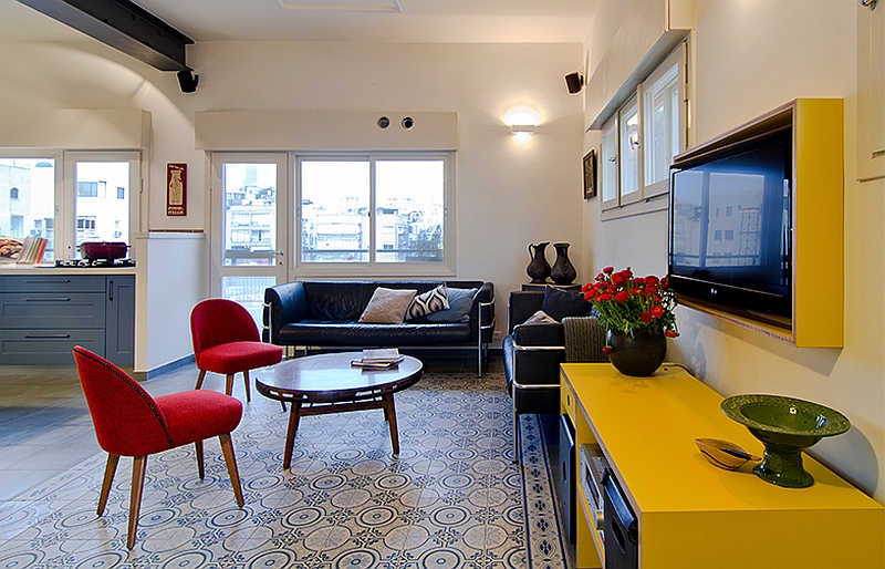 Bright yellow cabinets television niche add style to the space