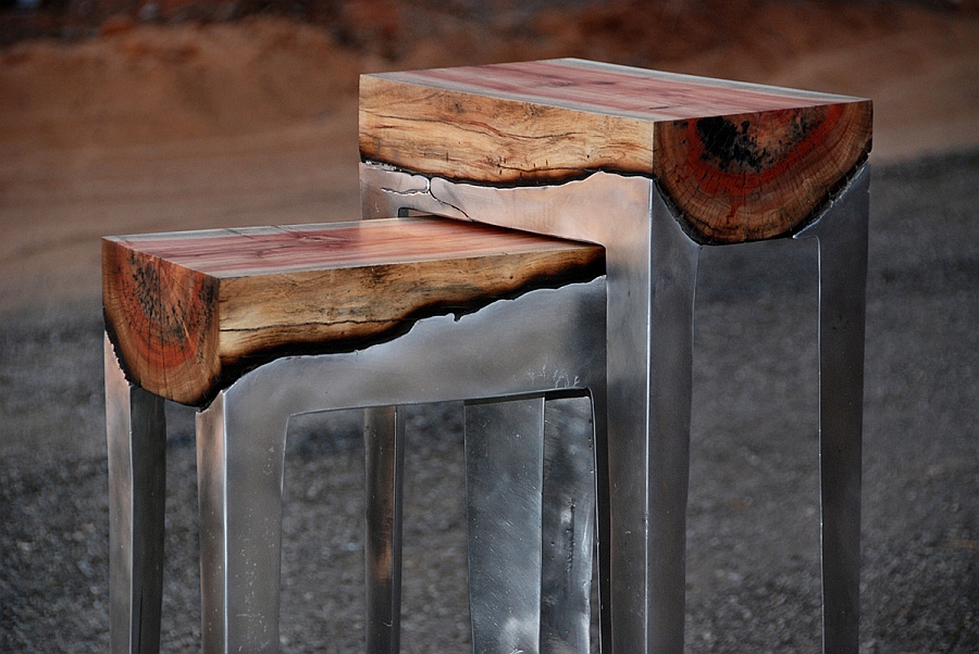 Cast aluminum and tree trunk stools from Hilla Shamia