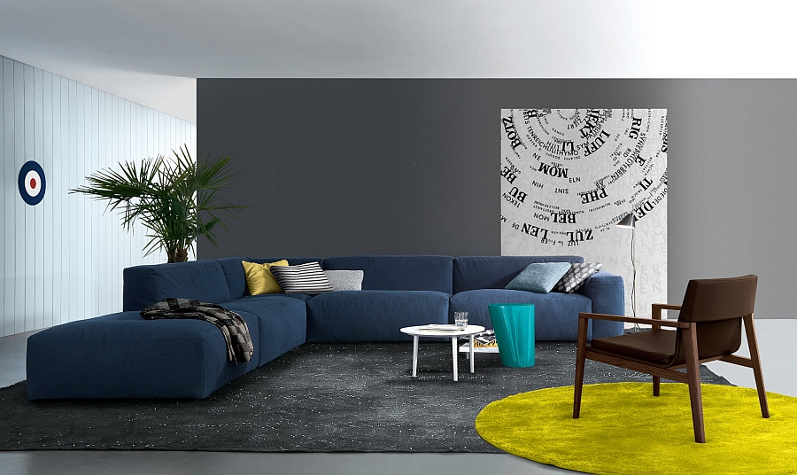 Coffee table in white stands out visually thanks to the bold couch in blue