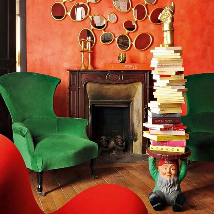 Colorful and eclectic living room with gnome table