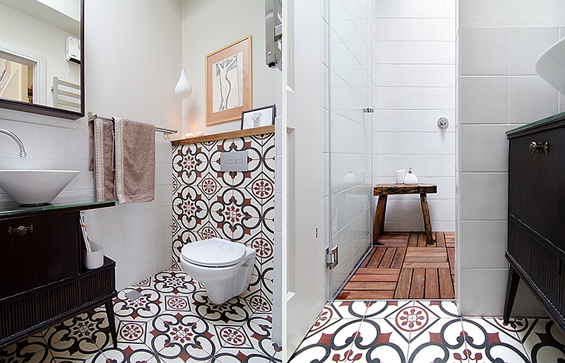 Colorful tiles in the small bathroom bring playful charm