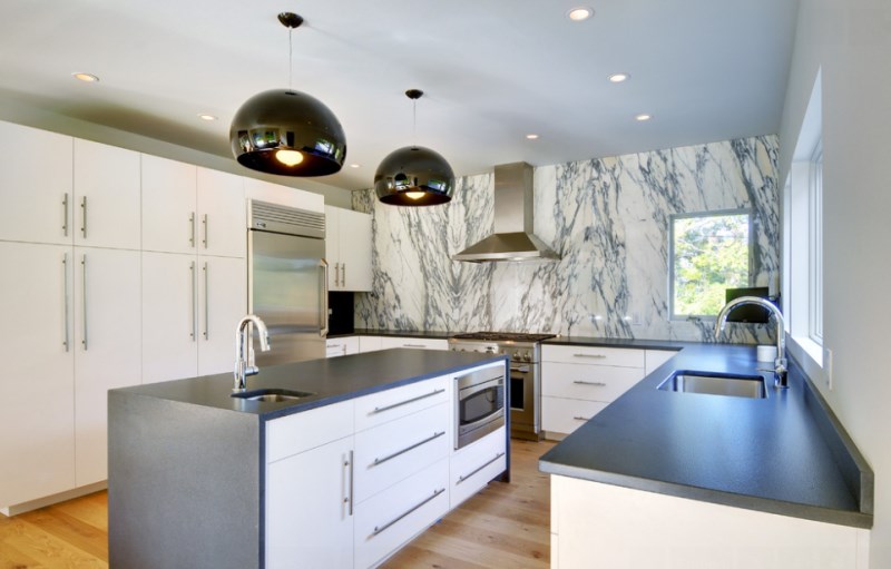 Contemporary marble kitchen with black accents