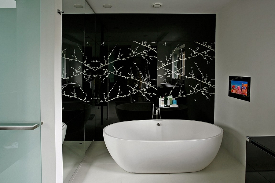 Dark backdrop elevates the appeal of the standalone tub