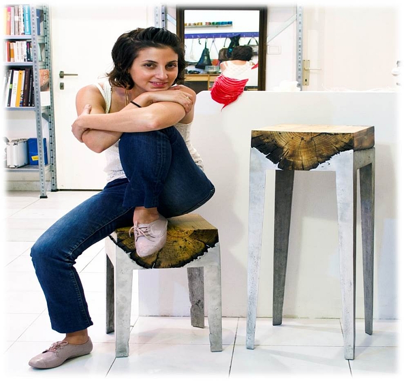 Designer Hilla Shamia and he array of aluminum and tree trunk stools!