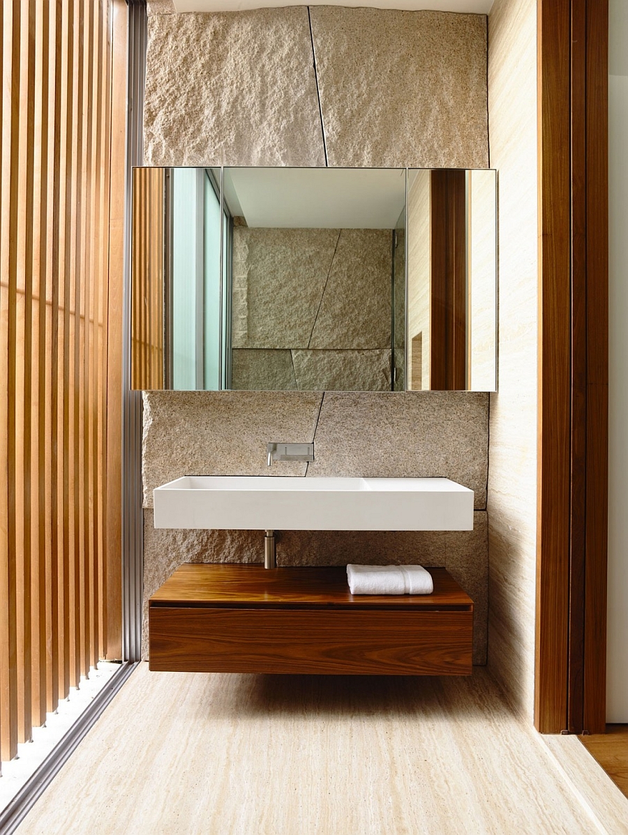 Floating bathroom vanity and sink in the luxurious bath