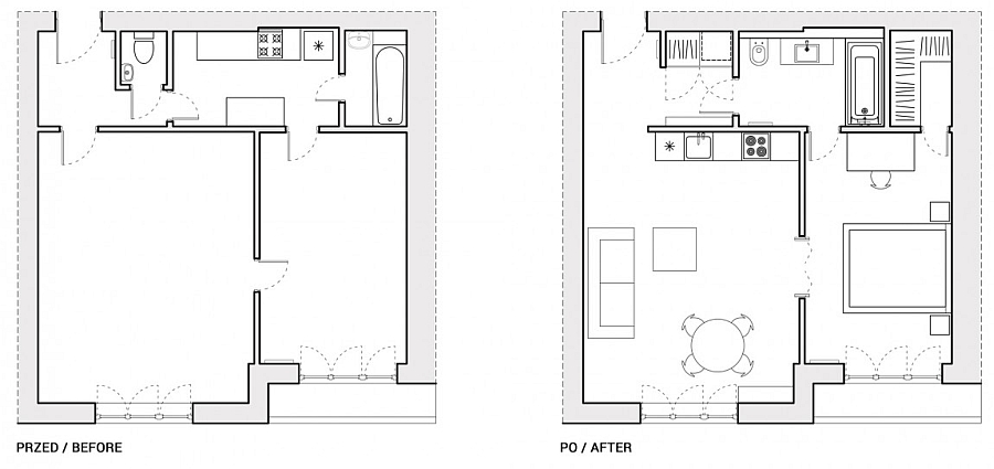 Floor plan of the renovated apartment in Warsaw - Before and After