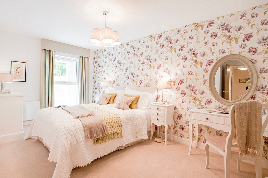 Floral wallpapers and soft colors easily usher in that feminine touch