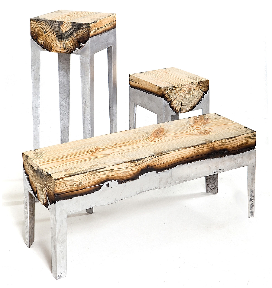 Gorgeous benches and stools shaped using natural tree trunks and molten aluminum