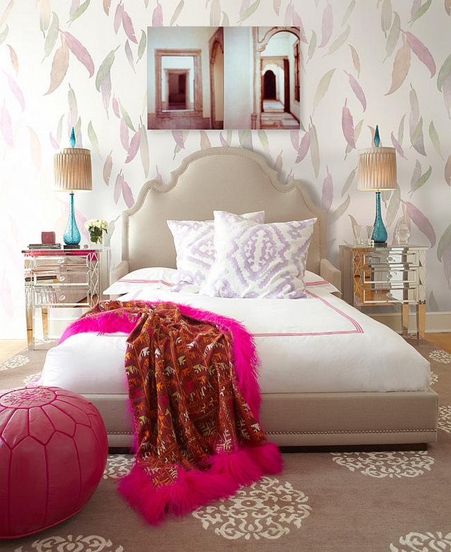 Gorgeous wallpaper and bright Moroccan Ottoman steal the show [By Brett Design]