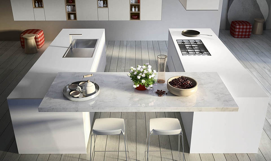 Innovative modern kitchen in white with twin islands