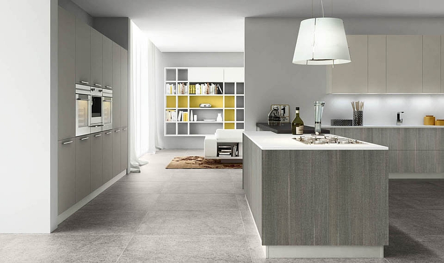 Kitchen in neutral tones blends with the living space in the backdrop