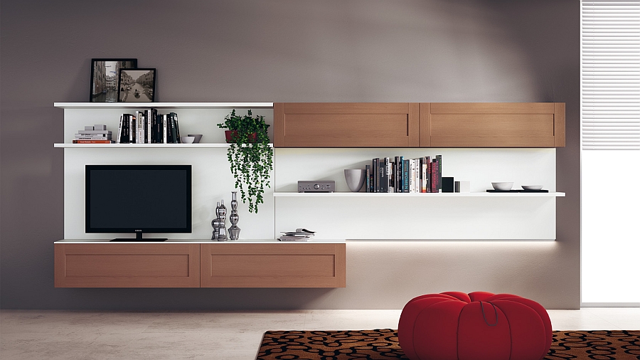 Living area wall-mounted composition with Tan Oak finish for closed shelves