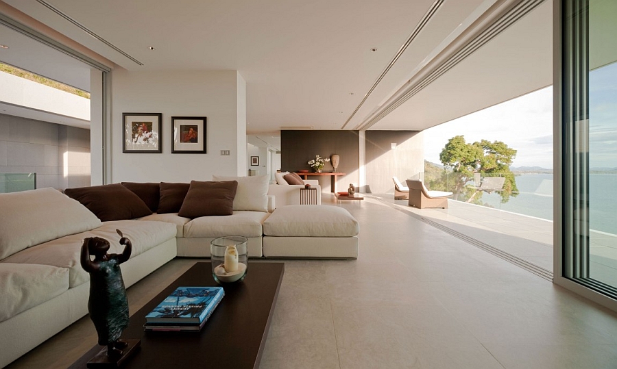 Living room with neutral colors and lovely ocean views