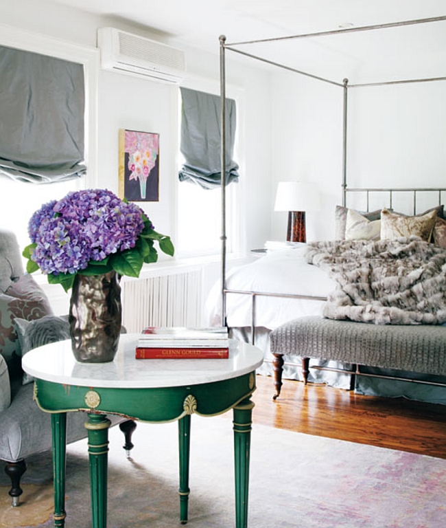 Luxurious bedroom with pops of green [Photography by Donna Griffith]